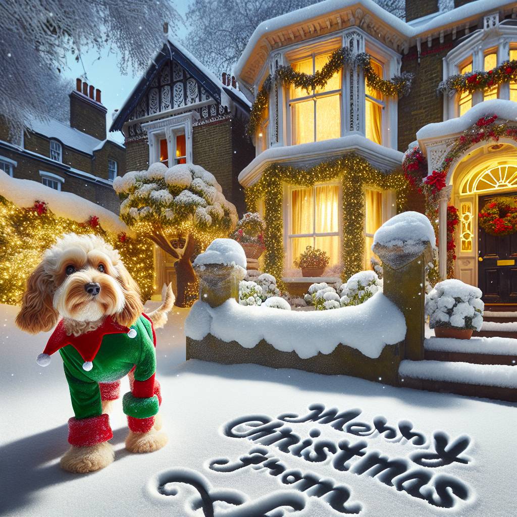 3) Christmas AI Generated Card - Cockapoo, Victorian house, London, Christmas, and Garden (cc301)