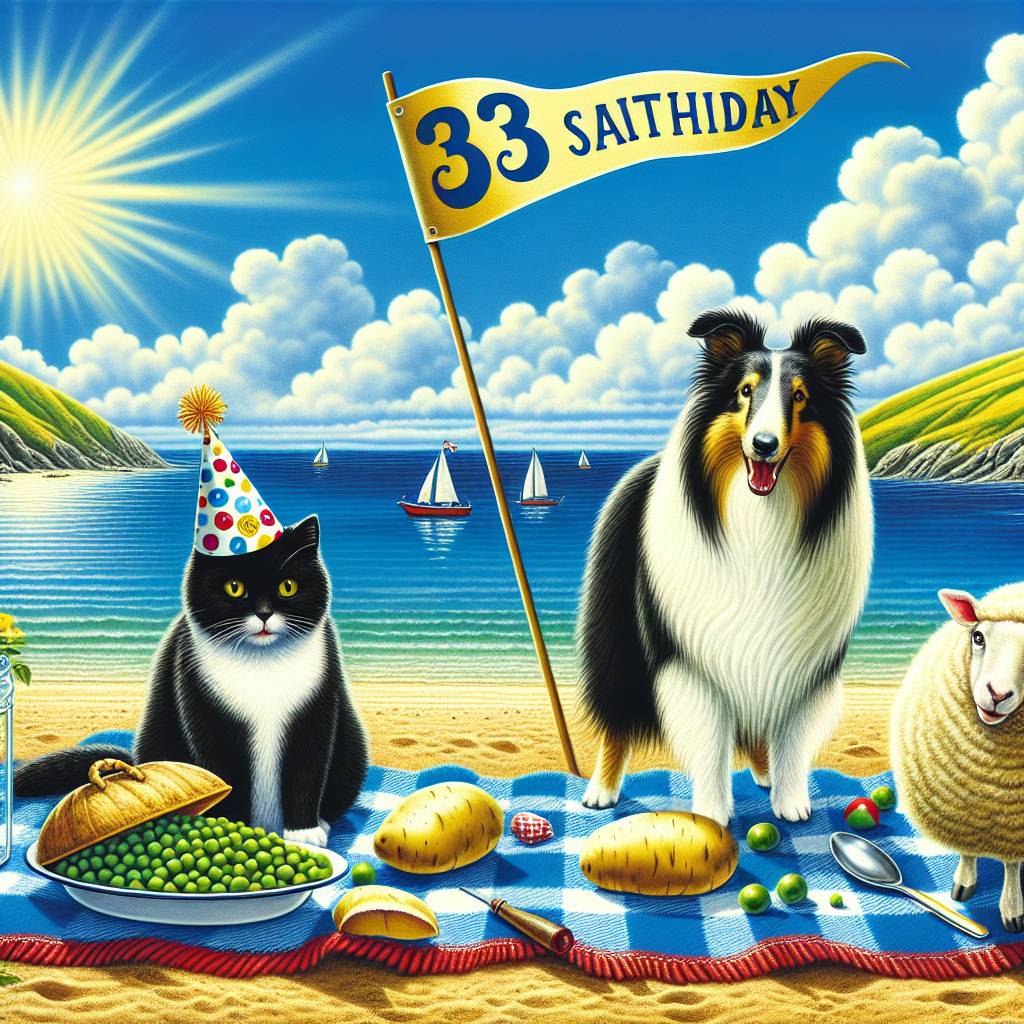 1) Birthday AI Generated Card - Black & white cat, sheep, collie, potatoes and peas, England seaside, “33 (b78e1)