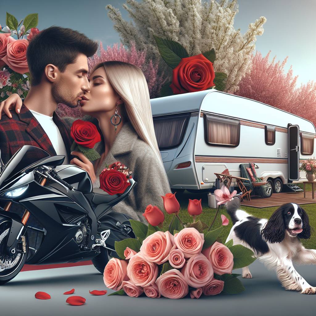 1) Valentines-day AI Generated Card - White sexy couple kissing, Ducati sportsbike, Caravan, and Springer spaniel  (b2bb9)