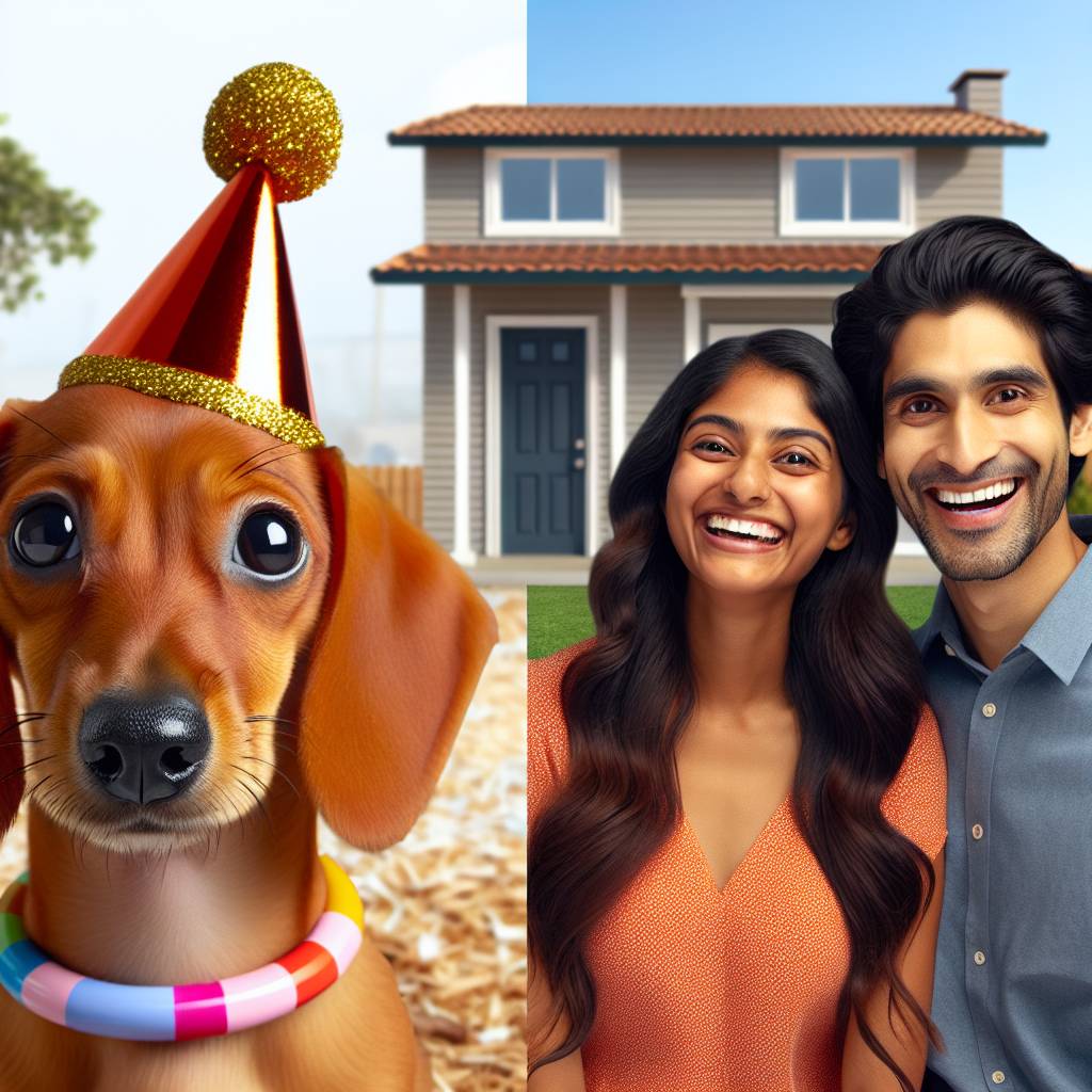 1) Birthday AI Generated Card - Sausage dog, engagement ring, new home, dark haired boyfriend, and Long dark hair, tanned skin, large brown eyes (f99df)