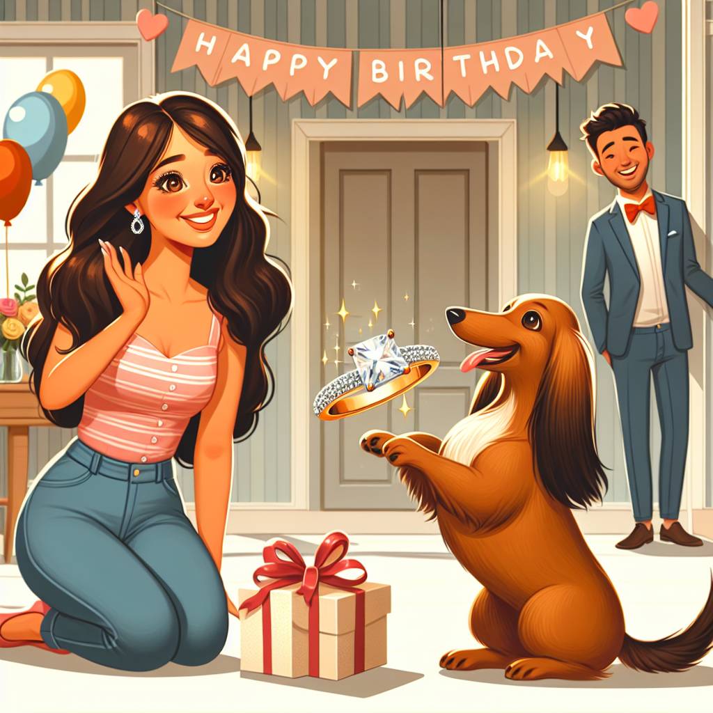 2) Birthday AI Generated Card - Sausage dog, engagement ring, new home, dark haired boyfriend, and Long dark hair, tanned skin, large brown eyes (e1330)