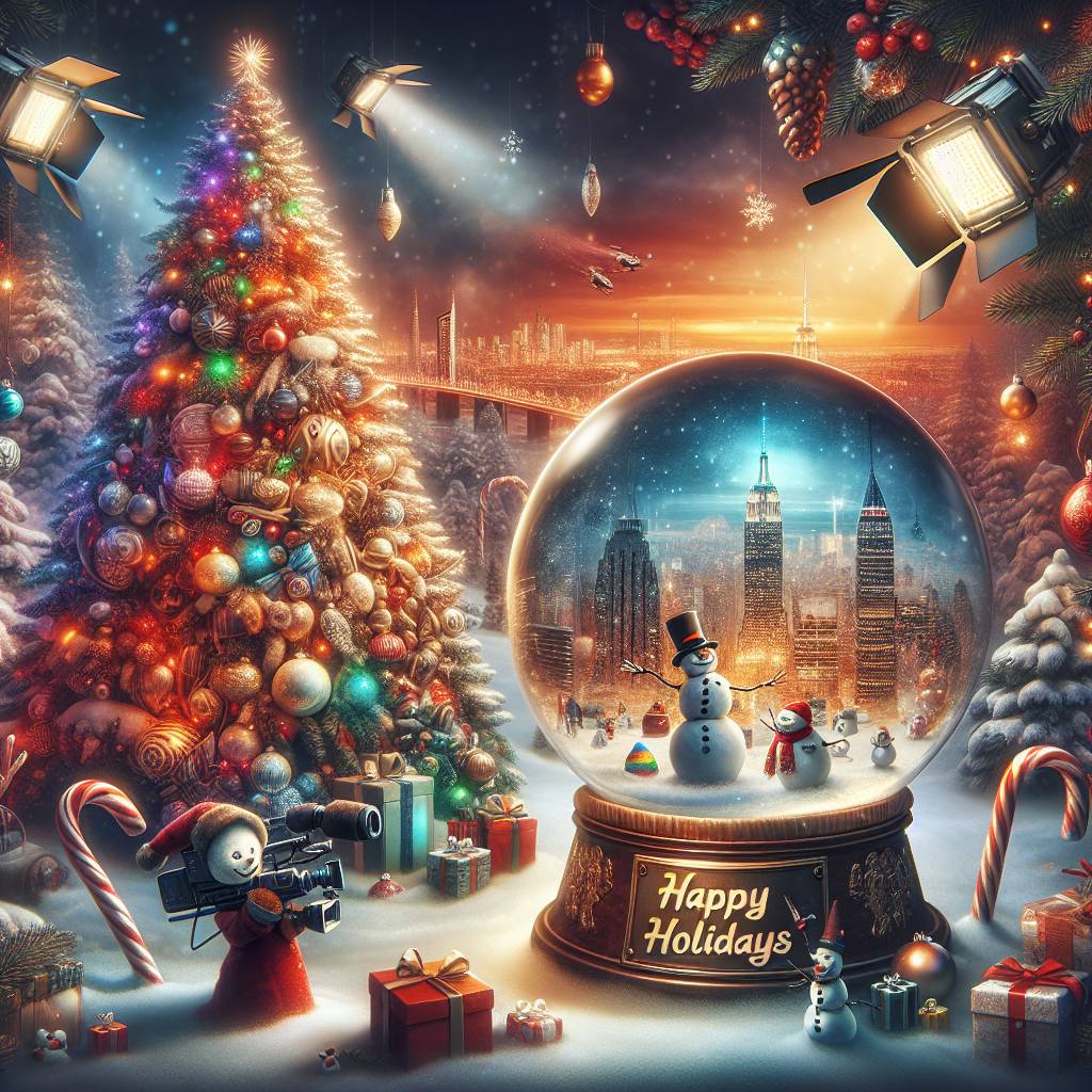 3) Christmas AI Generated Card - Christmas tree , Snow globe , Candy canes , Presents , Christmas decorations, Manchester skyline , Media city , Snowmen with tv cameras , and Premiere  (4d870)