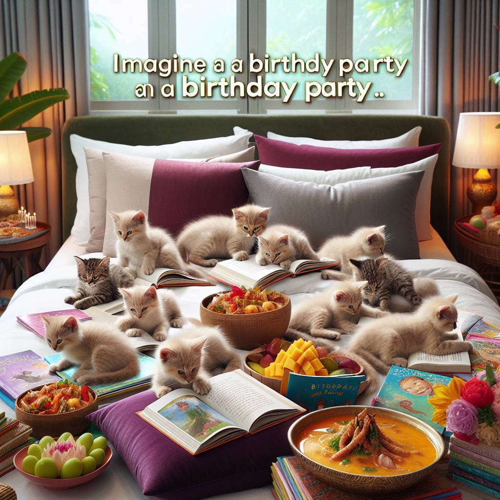 2) Birthday AI Generated Card - Kittens, Reading books, Bedroom, and Thai food (cc1c7)