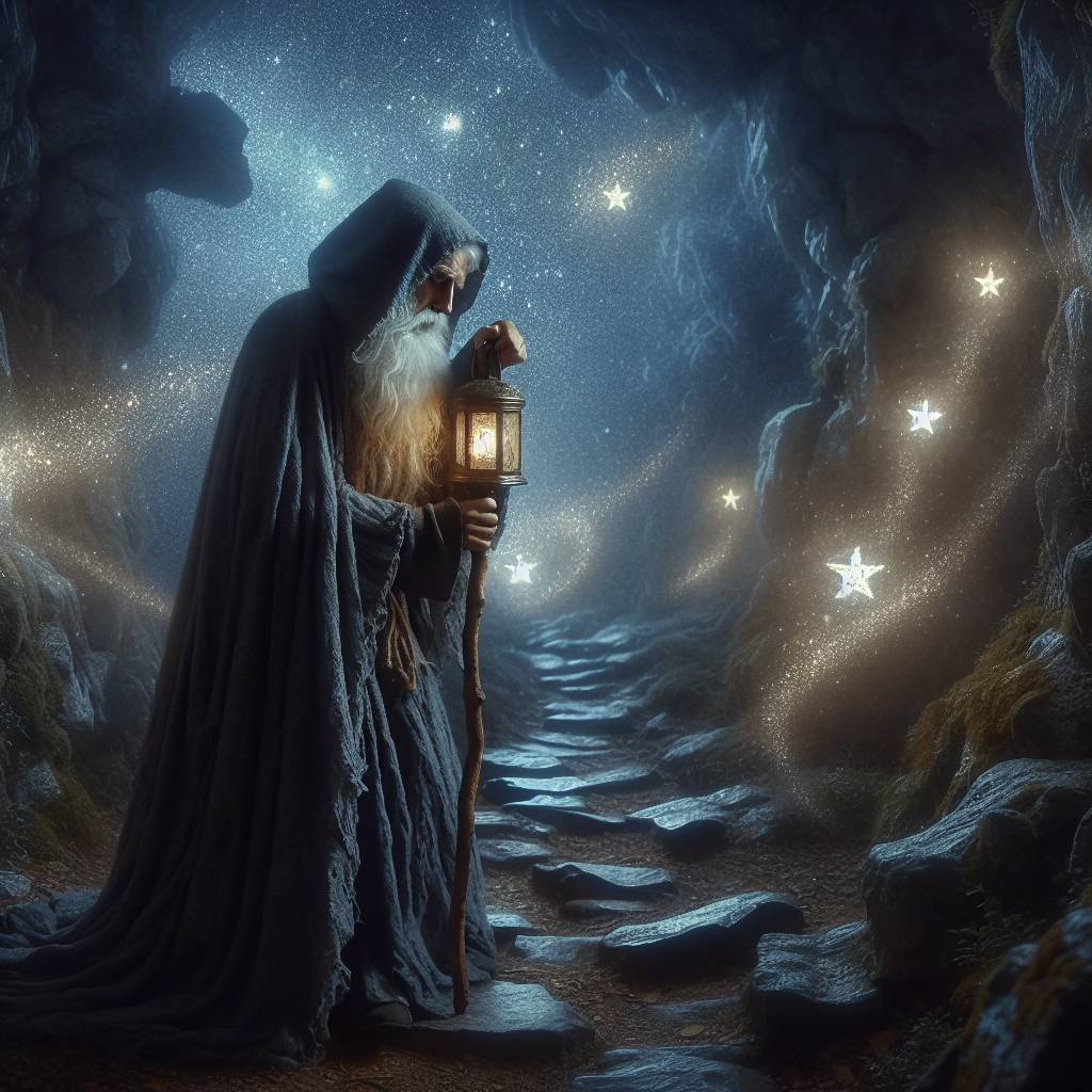 1) Birthday AI Generated Card - A lone male hermit type figure with long white hair and beard walks along a stony path. , He wears a long grey hooded robe and carries a long wooden staff and a lantern containing a star, and It’s a fantasy mystical night scene, the hermit is soul searching (4aaf5)