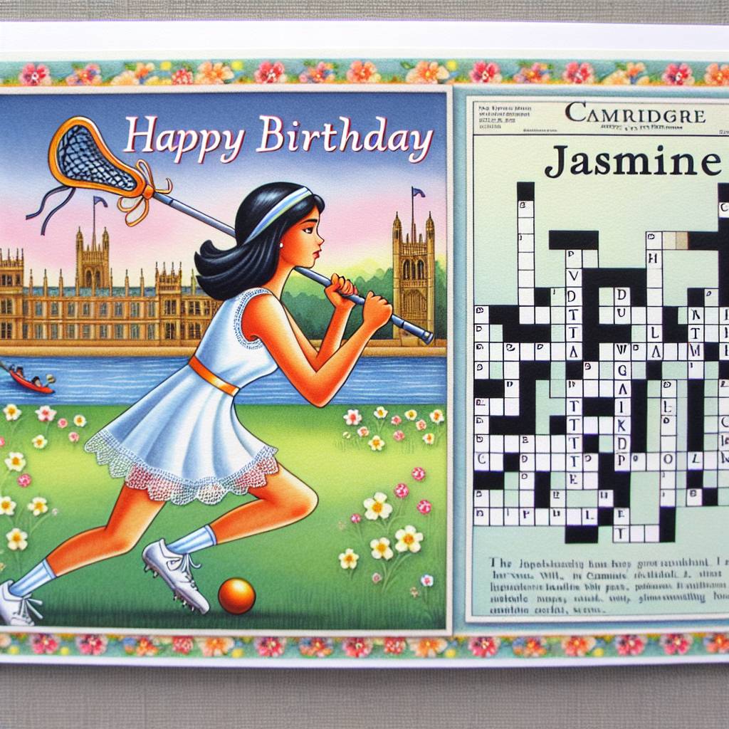 1) Birthday AI Generated Card - Happy Birthday Jasmine, Lacrosse, Cambridge , Newspaper puzzles, 22 years old, Best sister, Dark hair, and Team captain (cd18d)