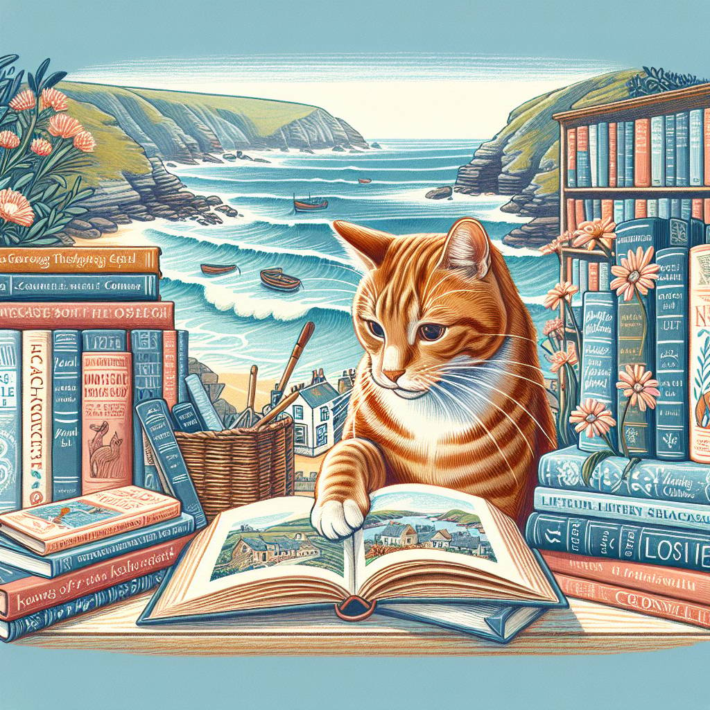 2) Anniversary AI Generated Card - Ginger cat, Books, and Cornwall (a855c)