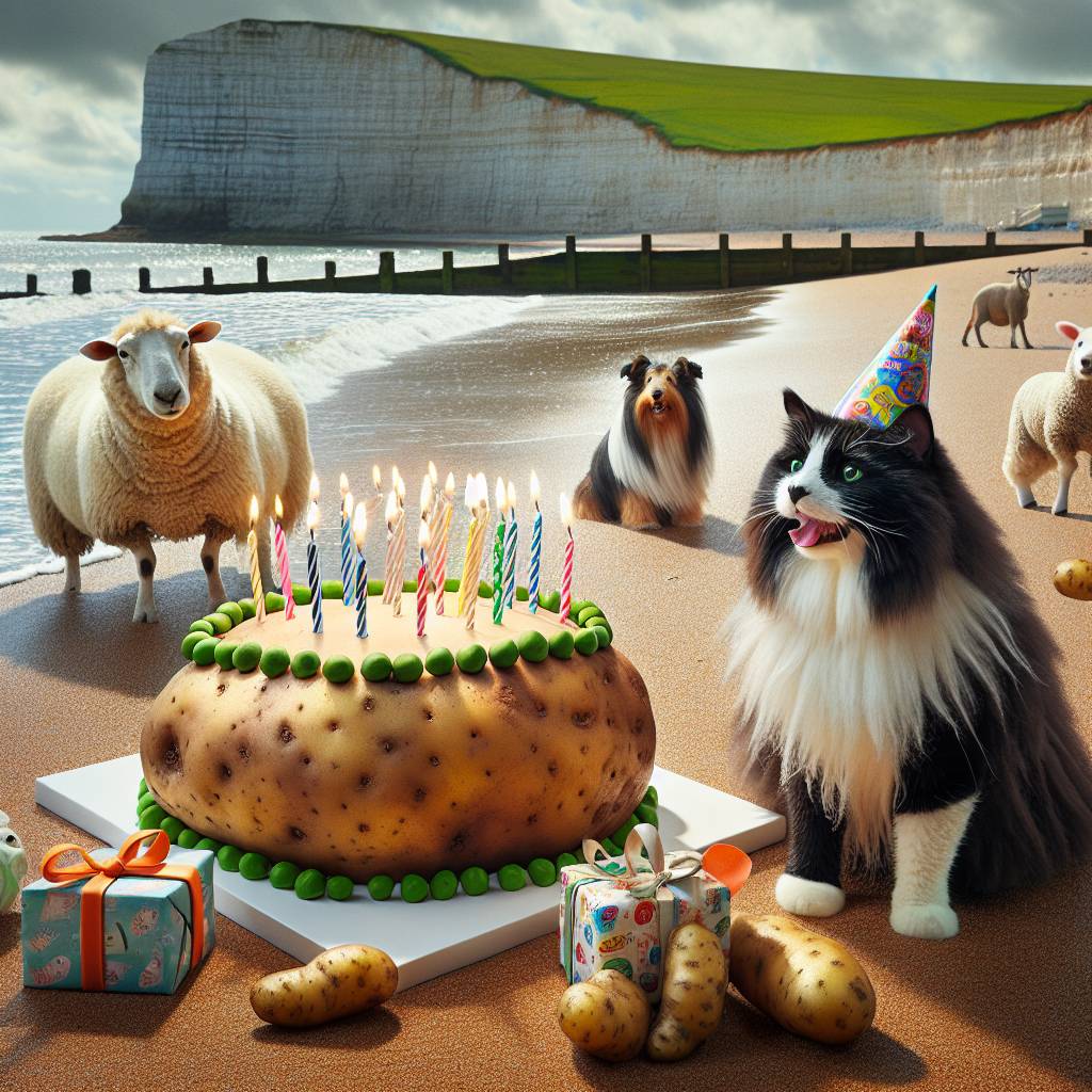 2) Birthday AI Generated Card - Shorthair black & white cat, Sheep, Large polar bear, Sheltie dog , Potatoes & peas, and English seaside (94aa7)