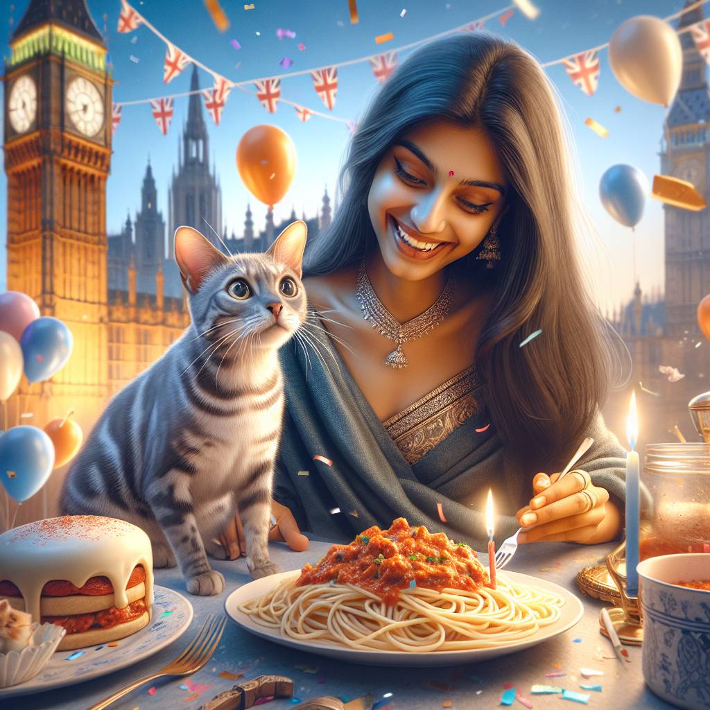 2) Birthday AI Generated Card - Grey Bengal Cat, London, Spaghetti bolognese, Friendship, and Indian girl (8aff2)