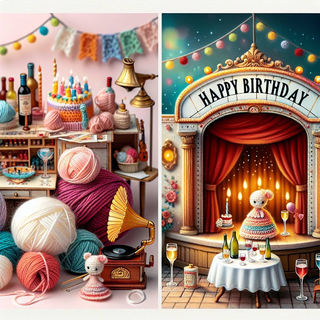 1) Birthday AI Generated Card - Crochet, Music, Theatre, and Wine (a8ea8)