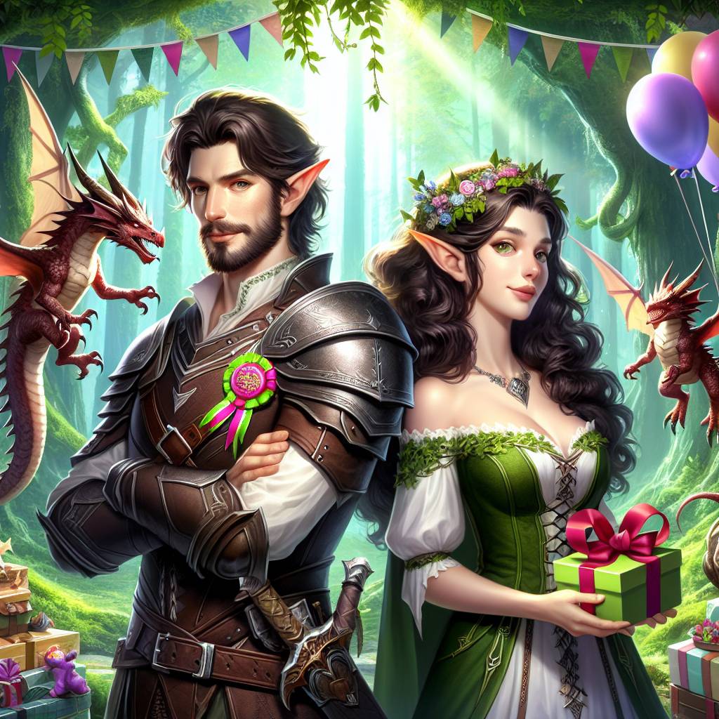 1) Birthday AI Generated Card - My boyfriend and I as Dungeons and Dragons characters. He has go dark brown hair and thin moustache and beard and I have long dark brown curly hair., and Dungeons and Dragons (74f1e)