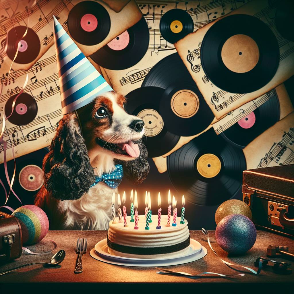 1) Birthday AI Generated Card - Records, music, candles, spaniel, mini (70f39)