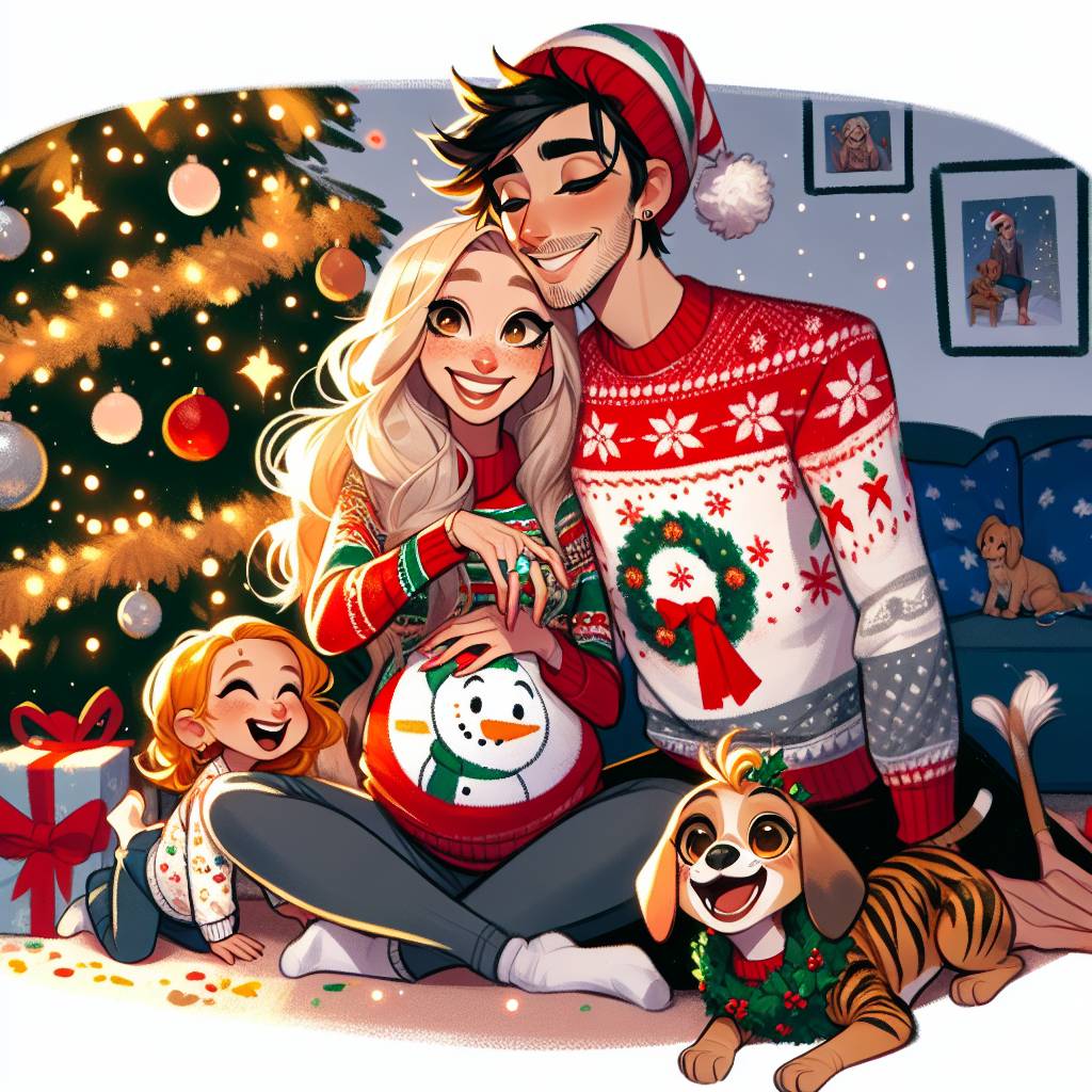 2) Christmas AI Generated Card - Blonde pregnant white lady, Indian young man, 2 year old girl caramel colour, and Whippet tiger print (06cd6)