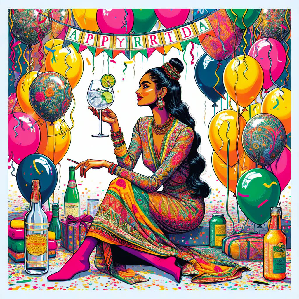 1) Birthday AI Generated Card - Long socks pattern dress, Gin and tonic, and Indian lady