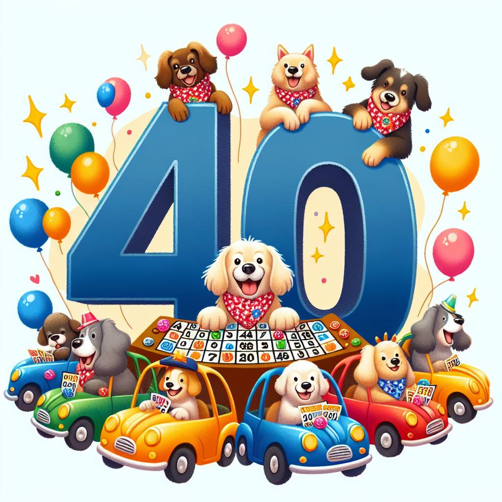 1) Anniversary AI Generated Card - 40, Dogs, Bingo, and Cars (6200a)