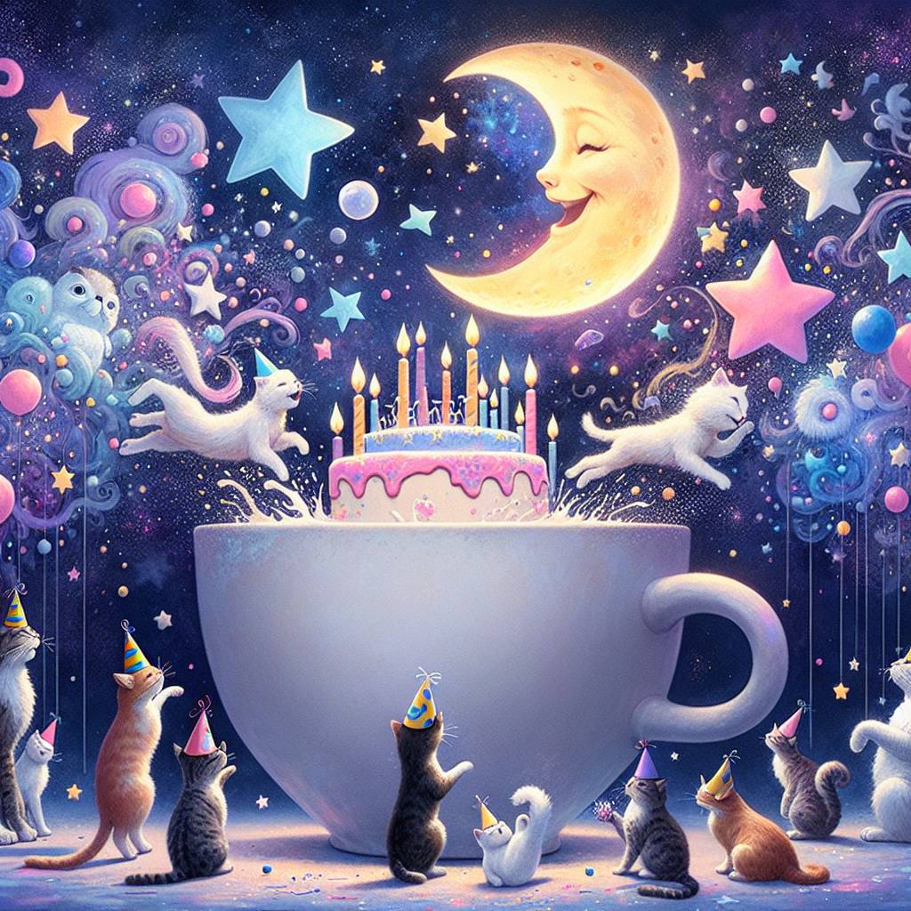 2) Birthday AI Generated Card - Cats ,stars , moon,  Costa coffee  (6b2a5)