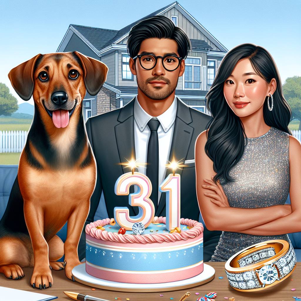 1) Birthday AI Generated Card - Short haired sausage dog, engagement ring, boyfriend with glasses and short beard and dark hair and tall, new home, birthday cake 31, and Sparkly dress, long dark hair, tanned skin,  (3651f)