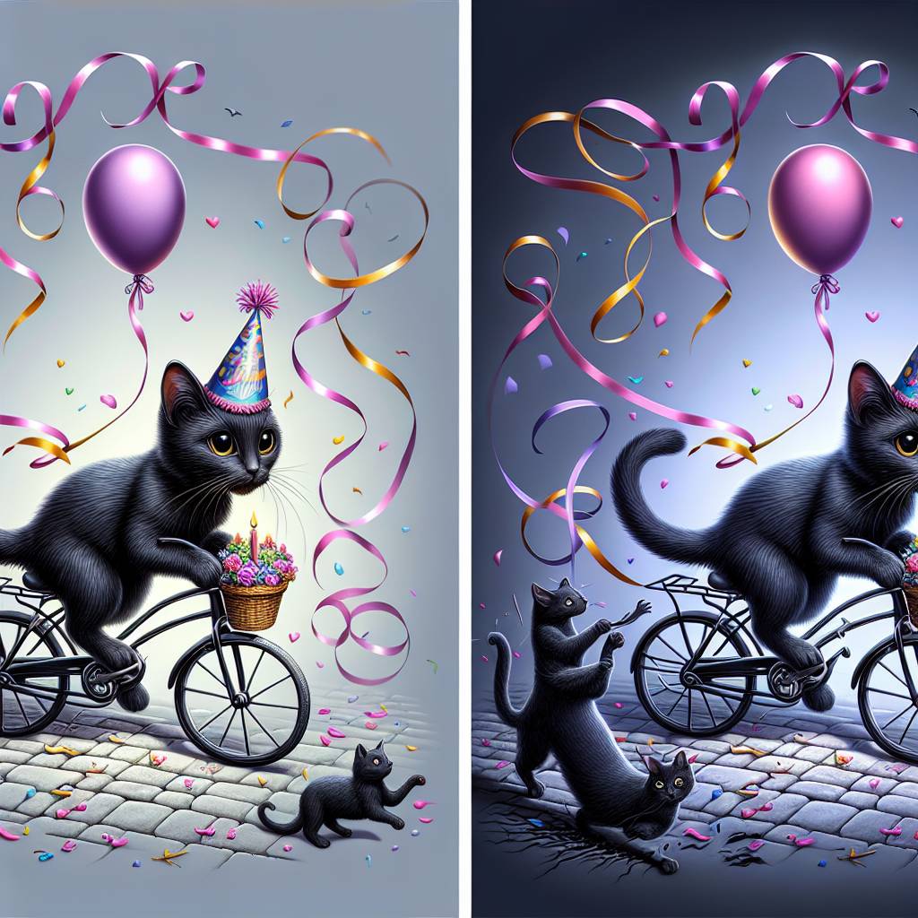 1) Birthday AI Generated Card - Black cat cycling and climbing and committing murder (86643)