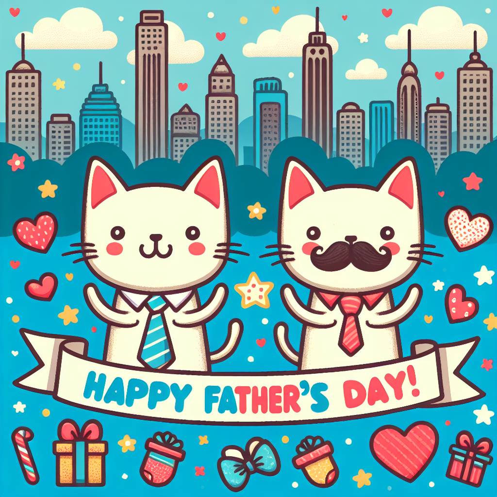 1) Fathers-day AI Generated Card - Twin towers, and Cats (a9497)