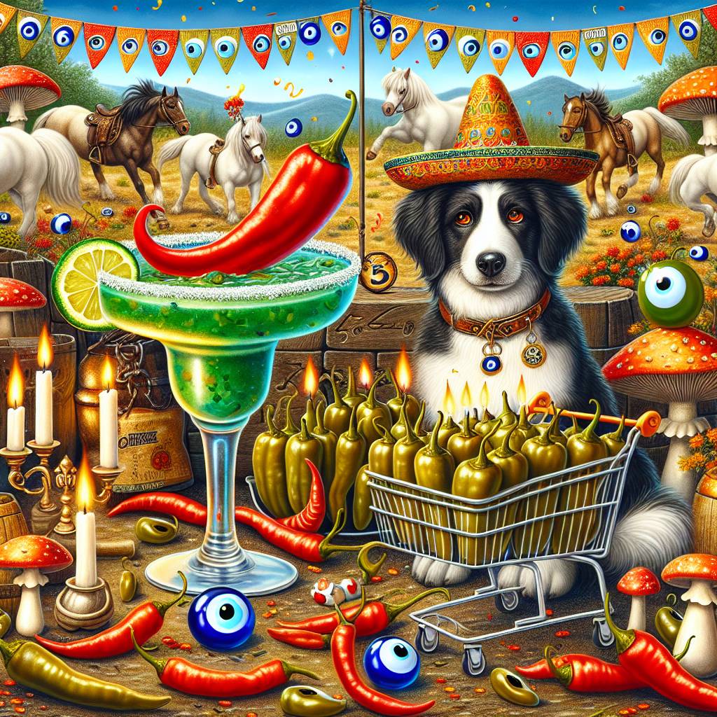 2) Birthday AI Generated Card - Margarita with chilli, Burmese mountain dog, Pickled peppers, Evil eye, Toadstools, Vintage shopping, and Horses (bf19b)