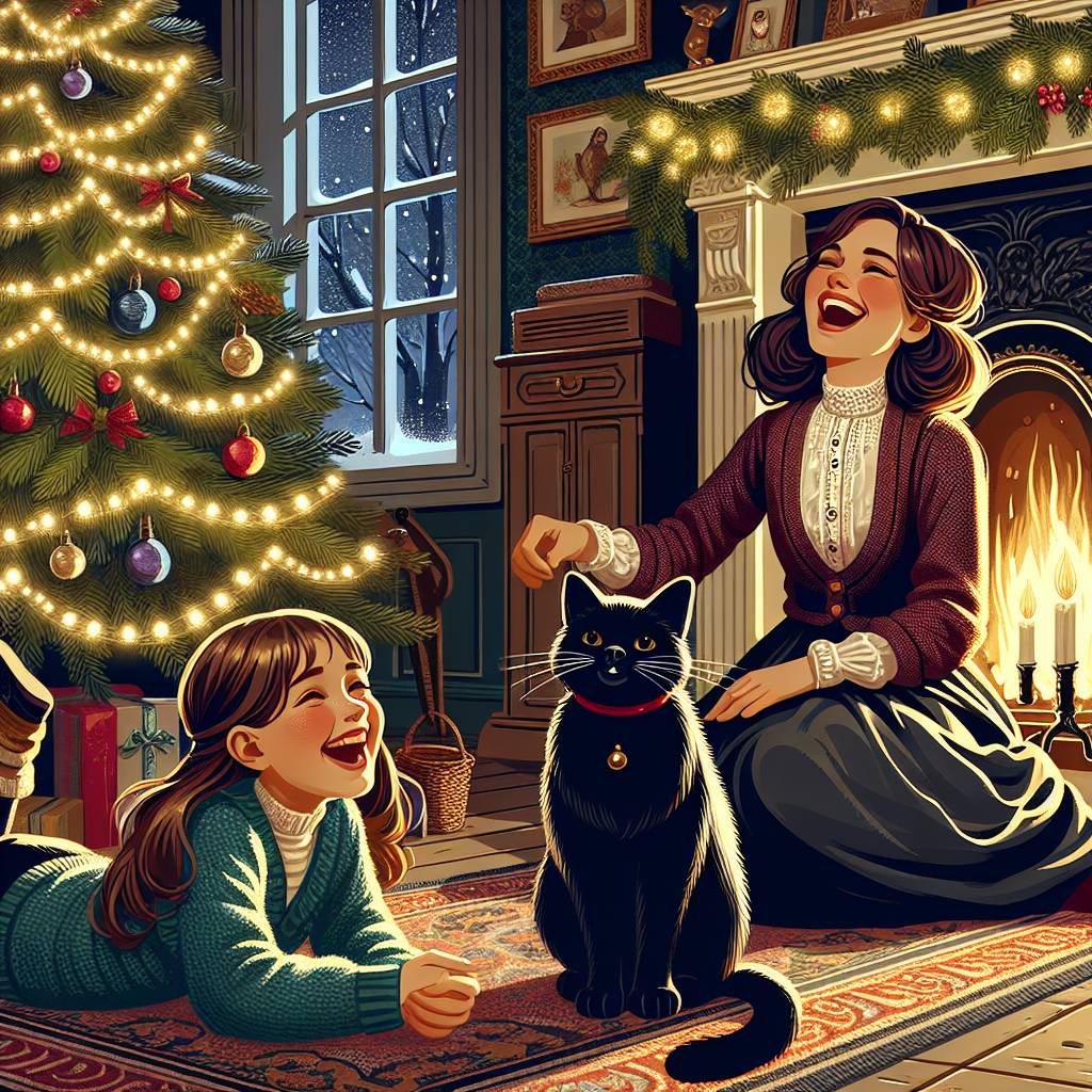 2) Christmas AI Generated Card - Black cat in Victorian living room by the Christmas Tree, Woman with dark brown hair arm around teenage daughter with light brown hair both smiling at the cat, and Open fireplace and beautiful Christmas ambience (d060c)})