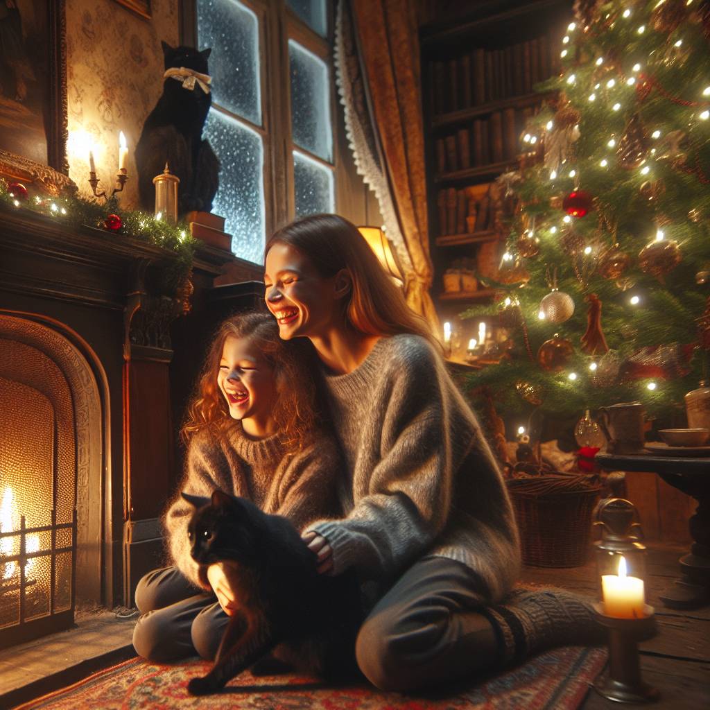 4) Christmas AI Generated Card - Black cat in Victorian living room by the Christmas Tree, Woman with dark brown hair arm around teenage daughter with light brown hair both smiling at the cat, and Open fireplace and beautiful Christmas ambience (d3b3b)})