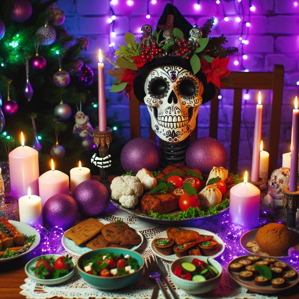 1) Christmas AI Generated Card - Skulls, Purple, and Vegan food (8b60d)