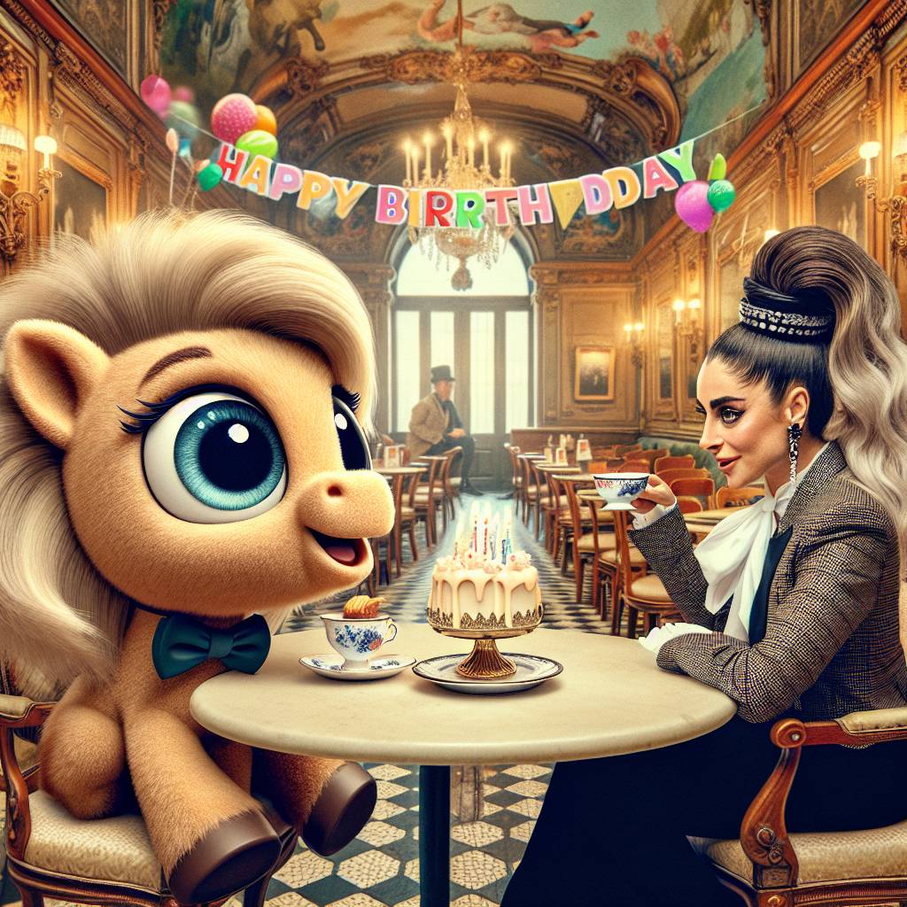 2) Birthday AI Generated Card - a my little pony holding a cup of tea in an old viennese cafè talking to Madonna (79c45)
