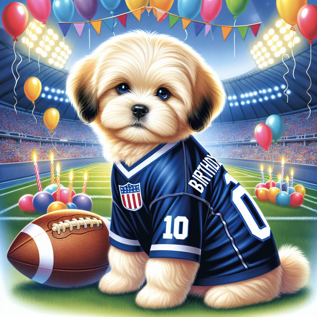 1) Birthday AI Generated Card - A cream Malshi playing american football in Navy Jersey in a big stadium  (9ced3)