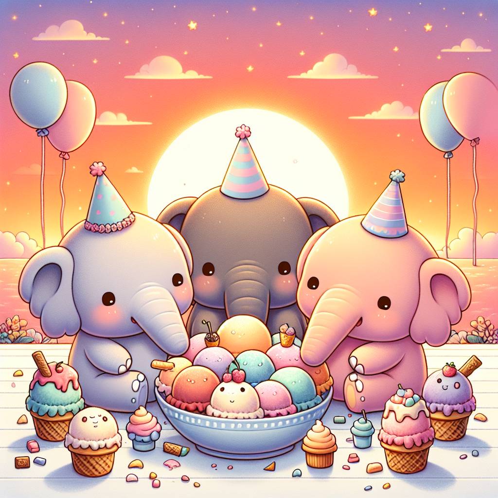 1) Birthday AI Generated Card - Elephants sunsets icecream (0a525)