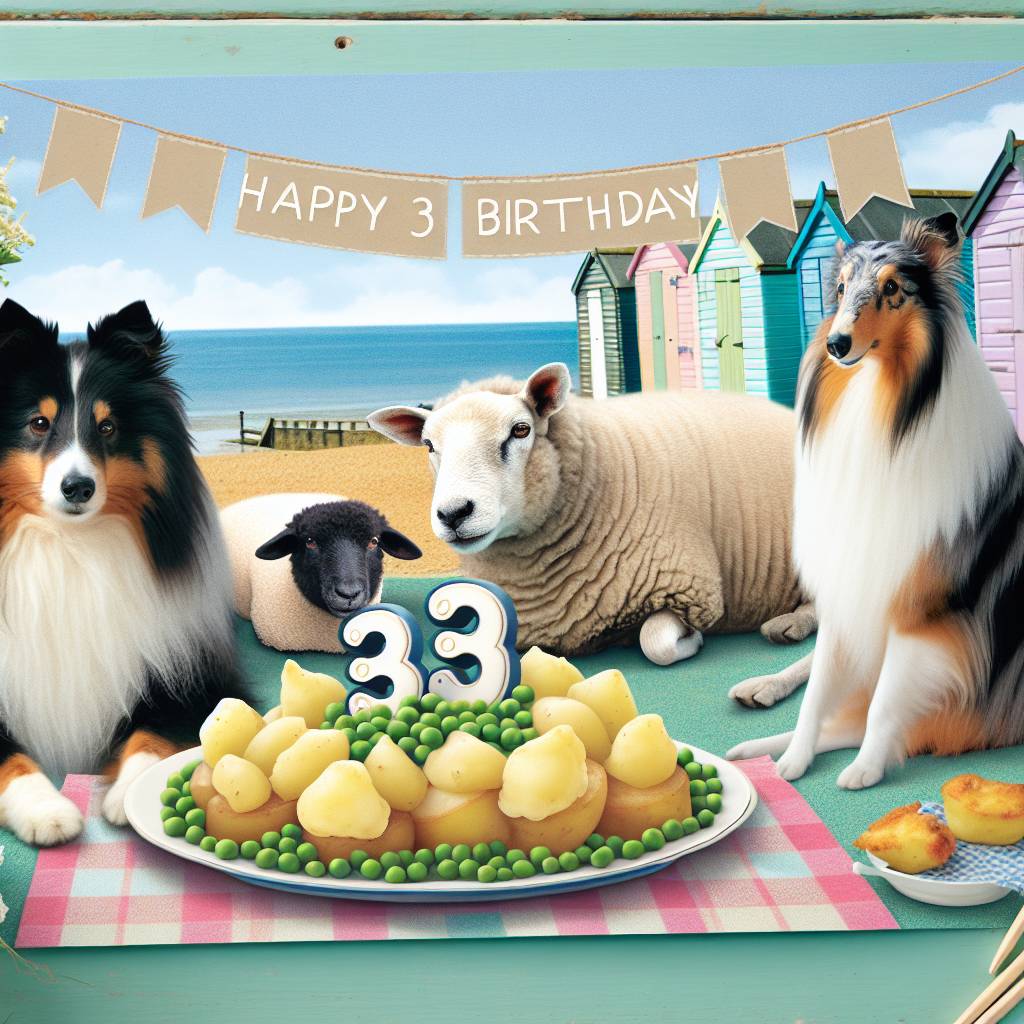 2) Birthday AI Generated Card - Black & white cat, sheep, collie, potatoes and peas, England seaside, “33“ (dd6c7)