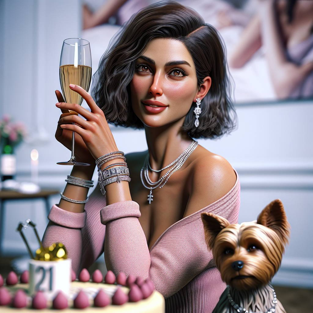 2) Birthday AI Generated Card - Lady with shoulder length dark brown hair, Pink v neck jumper, Lots of silver braclets , Yorkshire terrier dog, and Glass of champagne (9d7af)