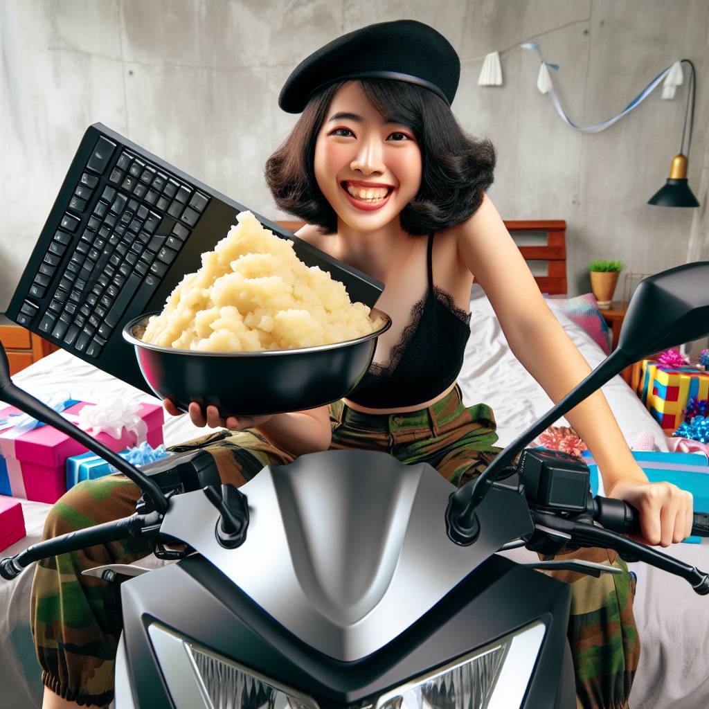 1) Birthday AI Generated Card - 18, Mashed potatoes , Motorbike , Black military cap , Computer keyboard , and Bed (d9cd8)
