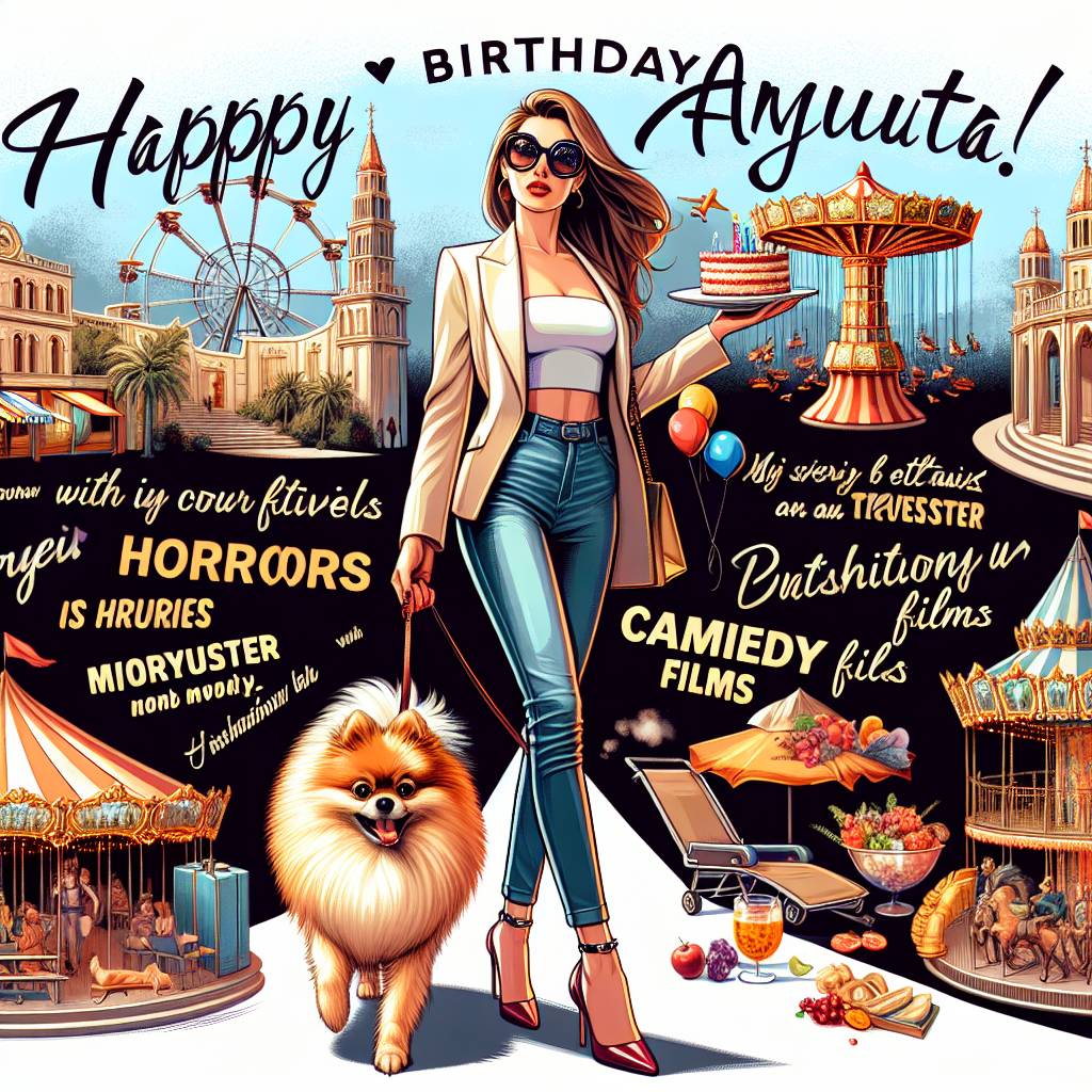 3) Birthday AI Generated Card - Cooking, Сreativity, Horror movies, Comedy movies, Traveling, Cyprus, Model, Rhythmic music, Housekeeping, Fashion, Pomeranian,  Slim figure, Straight Long Light Brown hair, and Sunglasses (a12c9)
