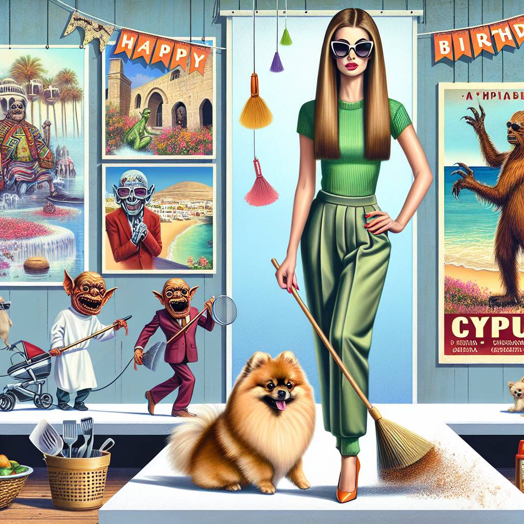 2) Birthday AI Generated Card - Cooking, Сreativity, Horror movies, Comedy movies, Traveling, Cyprus, Model, Rhythmic music, Housekeeping, Fashion, Pomeranian,  Slim figure, Straight Long Light Brown hair, and Sunglasses (3174d)