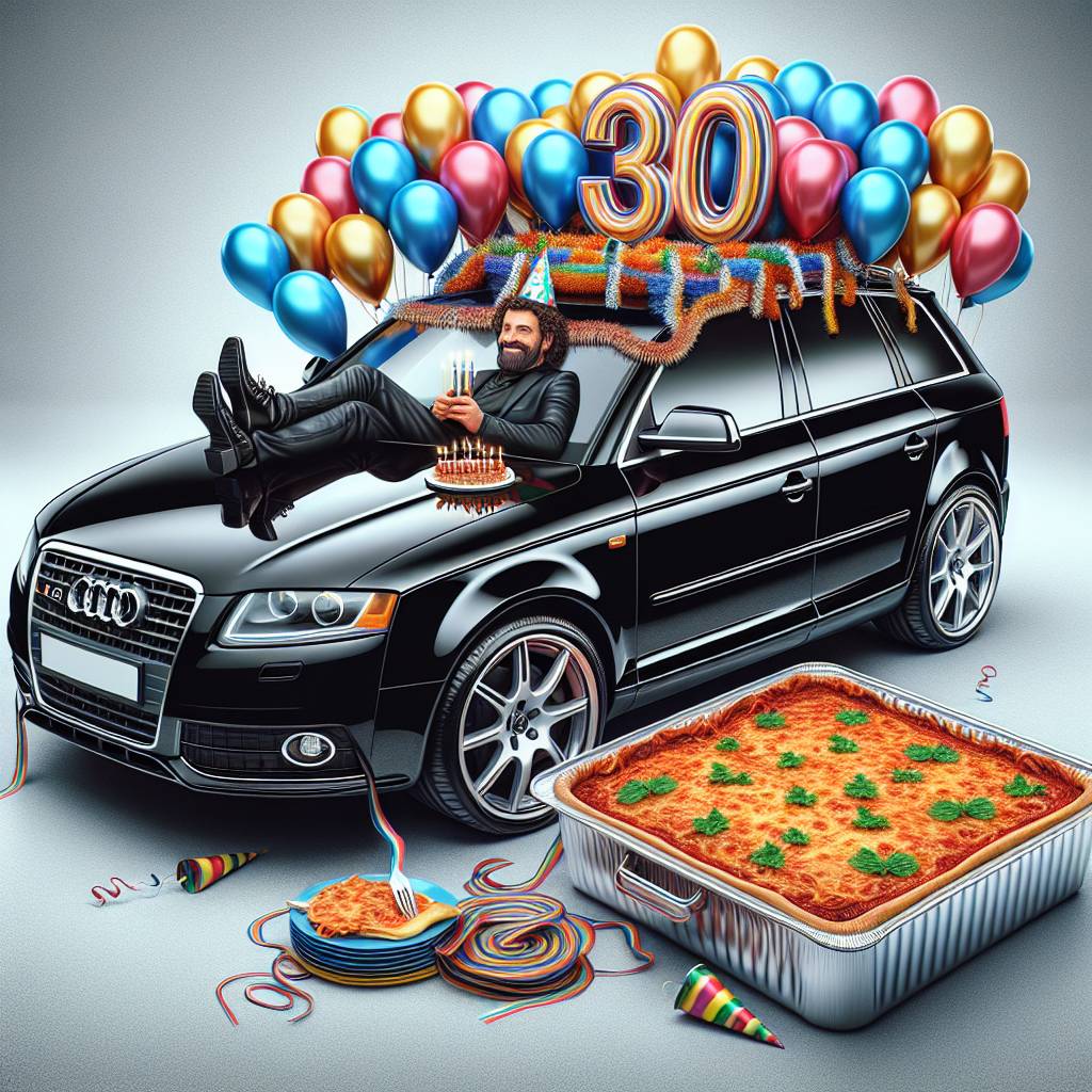 1) Birthday AI Generated Card - 30th birthday, Black Audi v5 car, and Lasagne (84a39)