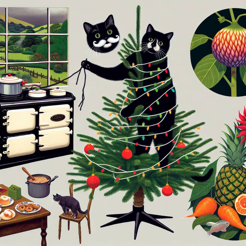 1) Christmas AI Generated Card - Black cat with white moustache and black spot on nose, Climbing tree, Aga, Gardening , Pinapple, Dalia, Marron glace, Jellied fruit , Tree house, and Koi fish  (a1e0e)