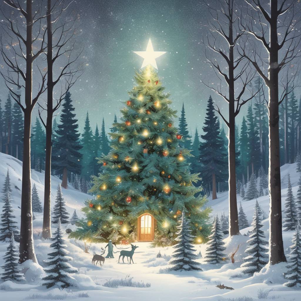 4) New-year AI Generated Card - Christmas , Christmas tree, Robin , Woodland, Christmas lights, Star, Sparkle , Rabbit, Fox, Bear, Deer, Woodland, and Snow (9854d)