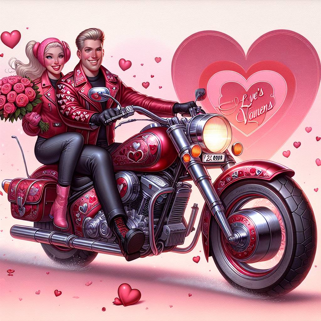 1) Valentines-day AI Generated Card - Red Harley Davidson motorbike, Registration V2 ODD, and Male Rider and blonde passenger  (932ad)