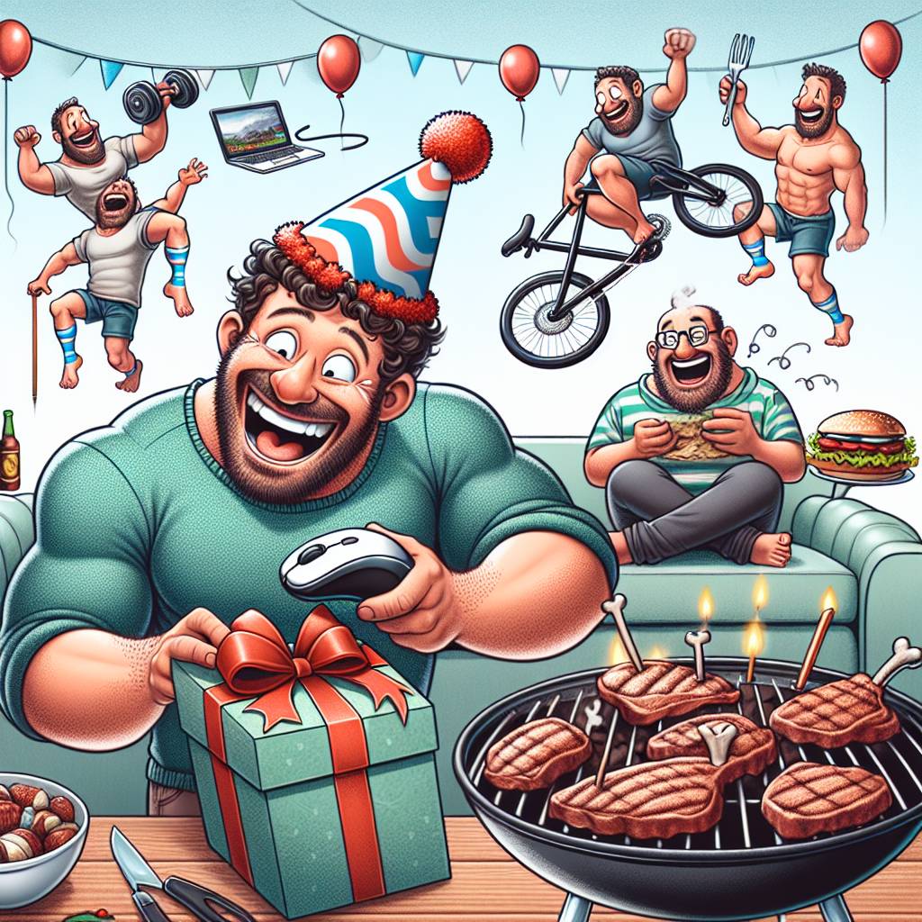 1) Birthday AI Generated Card - Cycling, Rugby, Computers , Barbecue , Jim, and Sofa (2a213)