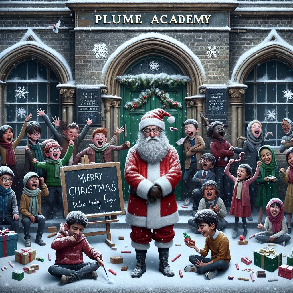1) Christmas AI Generated Card - Plume Academy, School, Tired teacher , Chocolate , and Happy Children  (d274c)