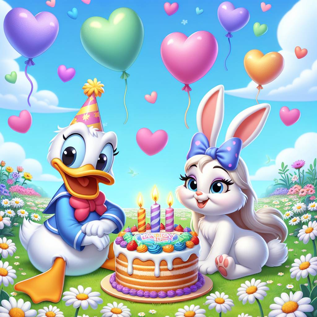 1) Birthday AI Generated Card - White bunny, Birthday cake, Rainbow, Daisy Duck , and Hearts (dcc99)