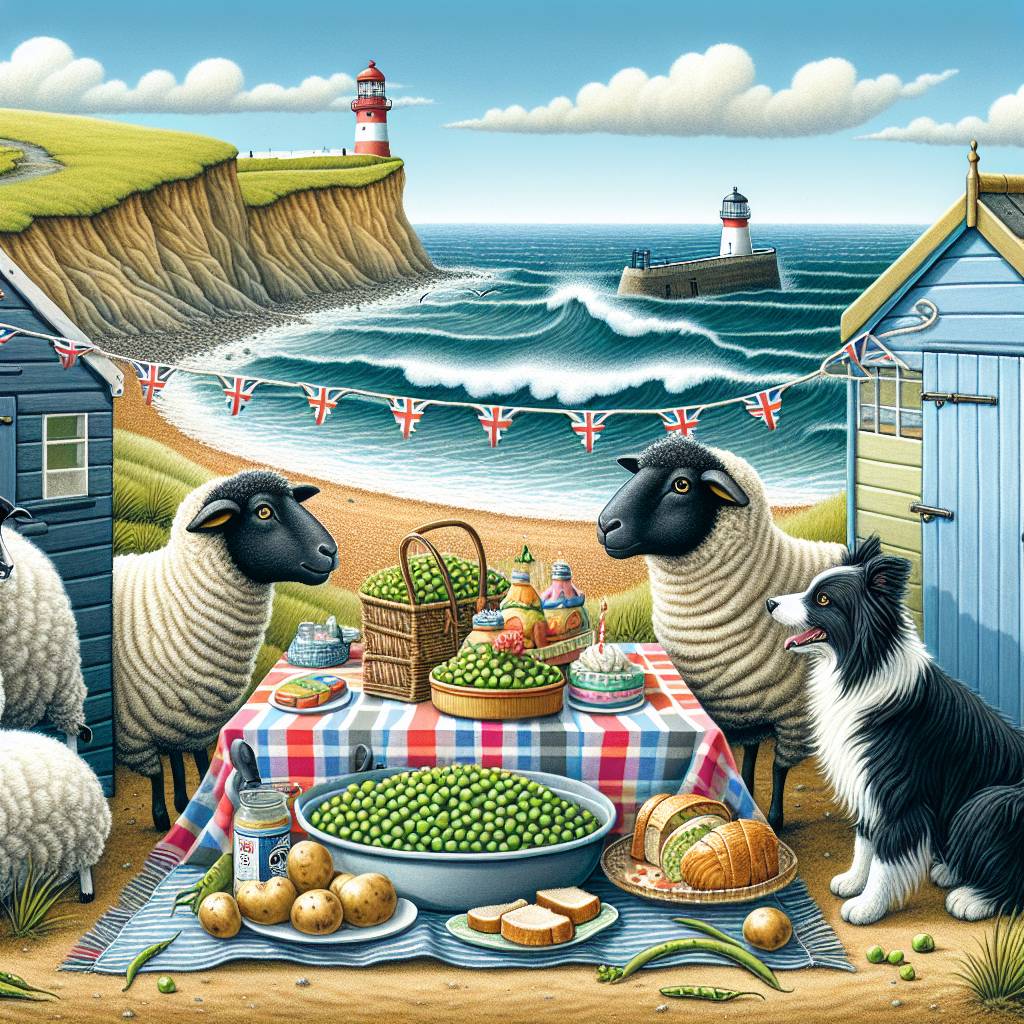 2) Birthday AI Generated Card - Black & white cat, sheep, border collie, potatoes and peas, England seaside, “33“ (a114f)