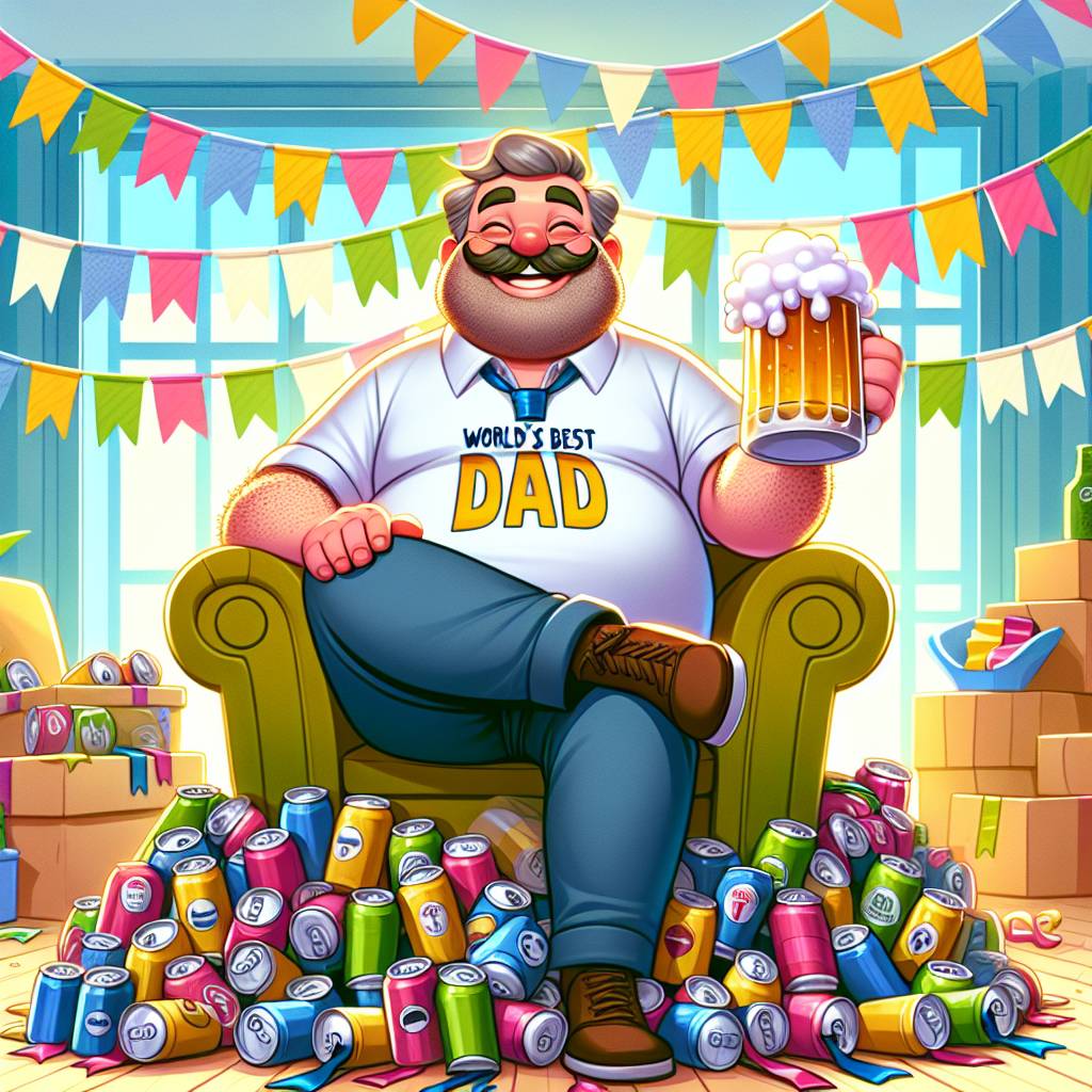 2) Fathers-day AI Generated Card - Fat balding man with stubble beard sitting on a pile of beer (94bde)