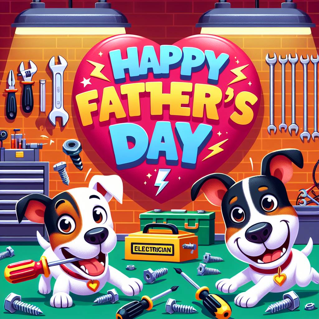 1) Fathers-day AI Generated Card - Electrican dad , Jack Russell stealing tools, Tri colour jack Russell , and Black white and tan jack Russell  (45cda)