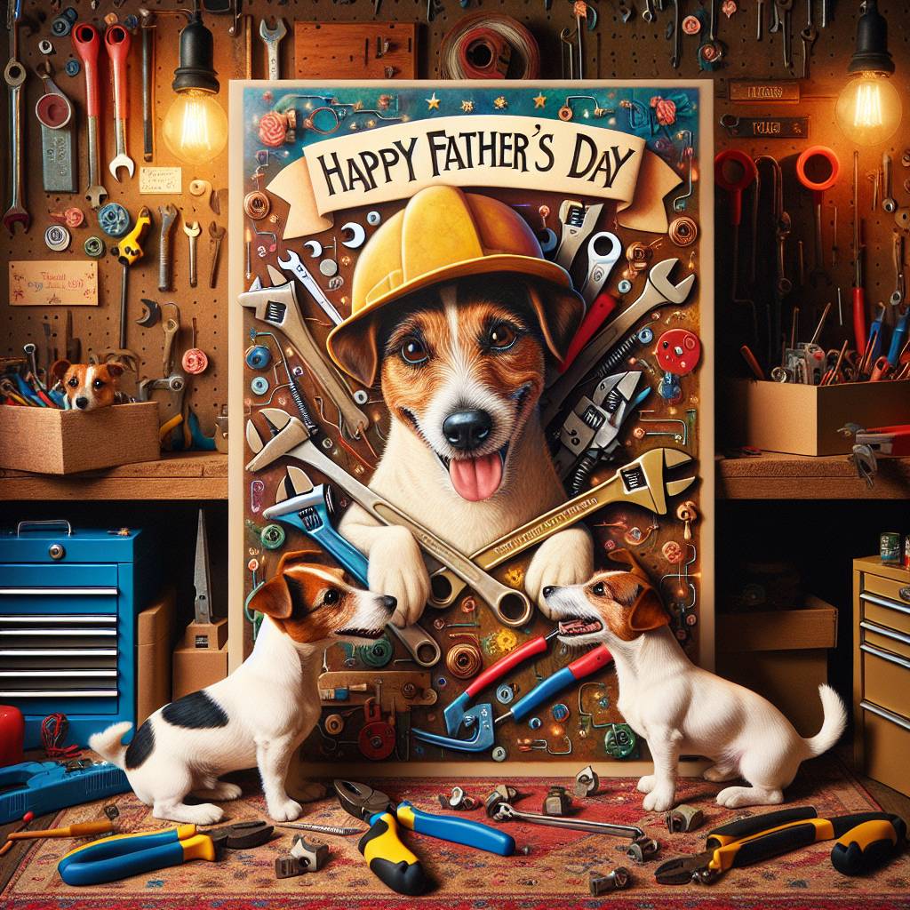 2) Fathers-day AI Generated Card - Electrican dad , Jack Russell stealing tools, Tri colour jack Russell , and Black white and tan jack Russell  (bdf17)