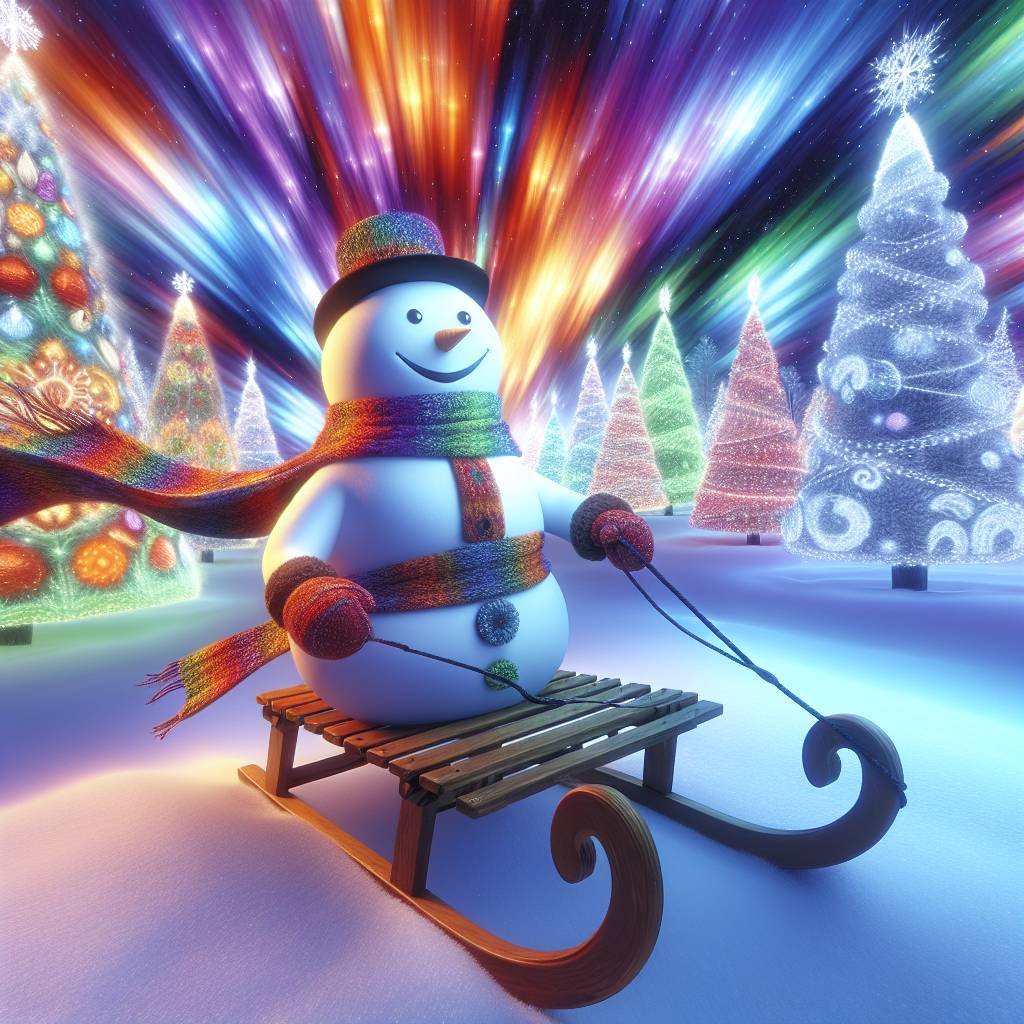 4) Christmas AI Generated Card - Snowman on a sleigh with Christmas tree s in background (602c3)