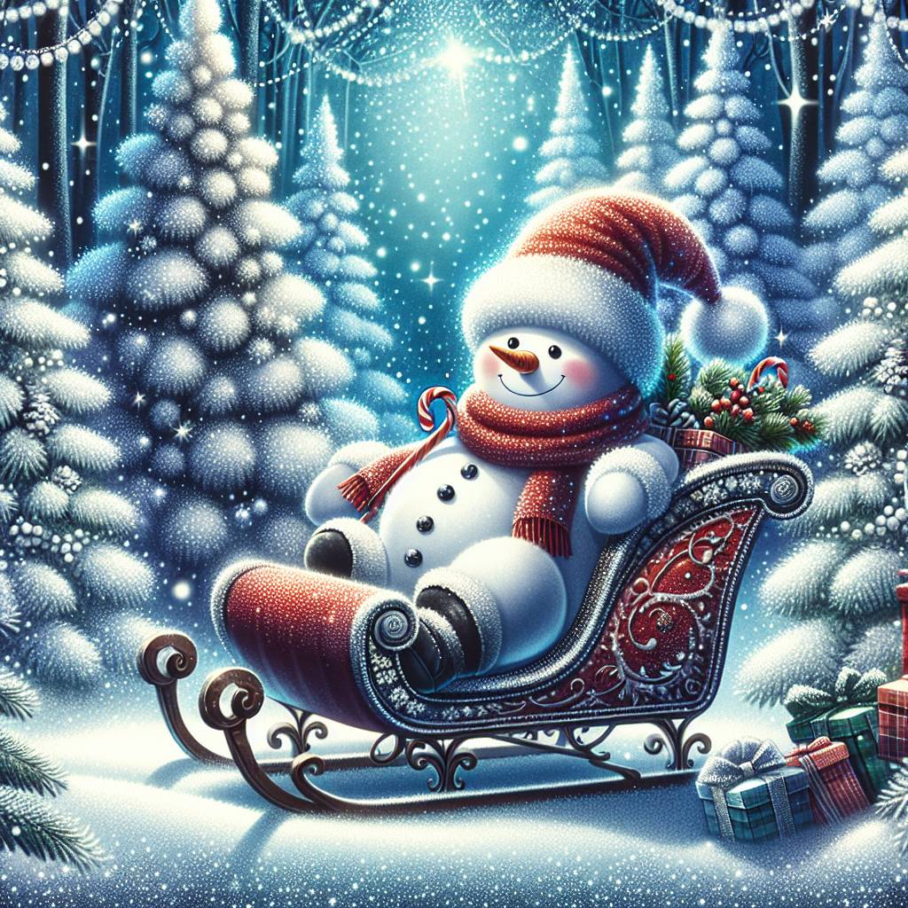 1) Christmas AI Generated Card - Snowman on a sleigh with Christmas tree s in background (4122c)