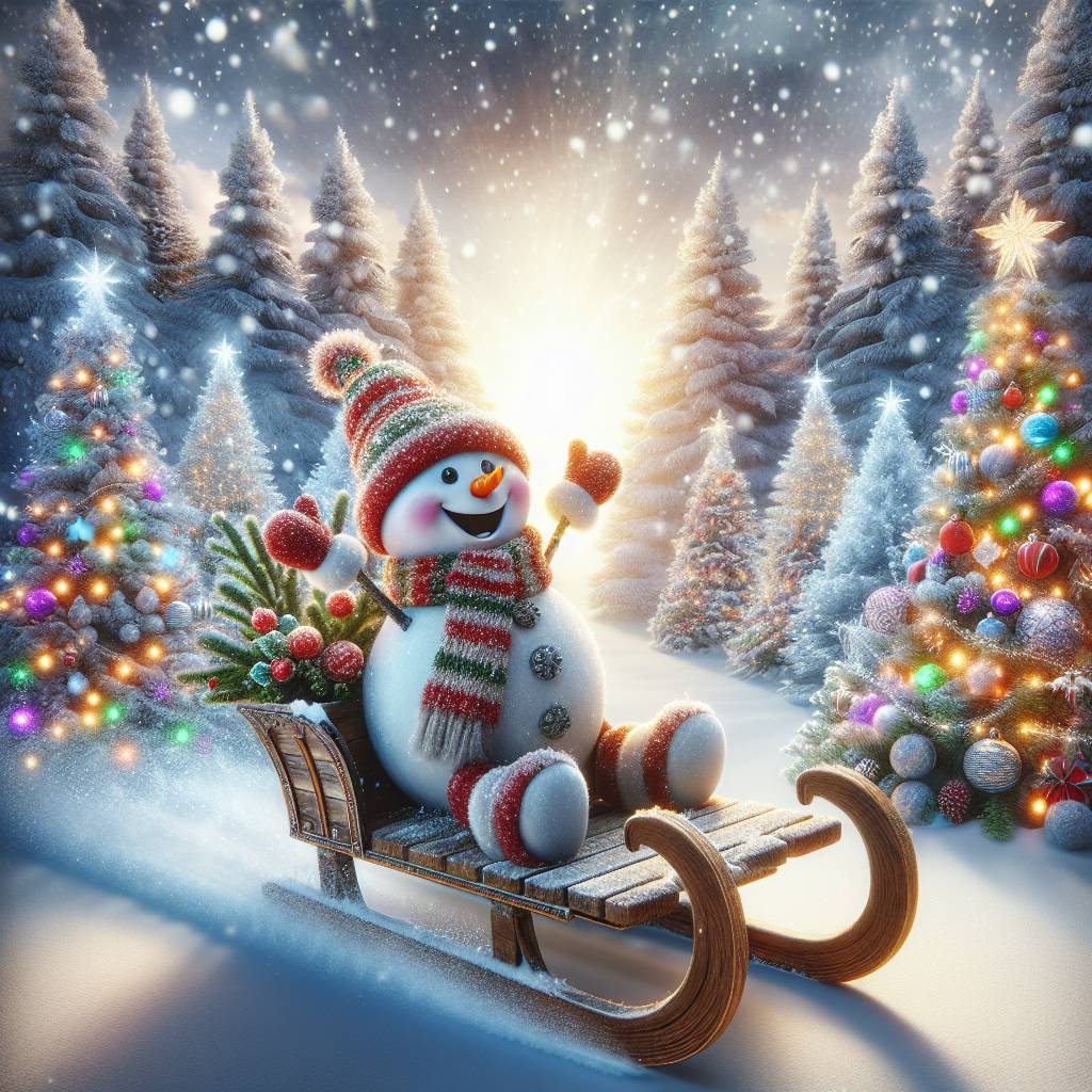 2) Christmas AI Generated Card - Snowman on a sleigh with Christmas tree s in background (af785)