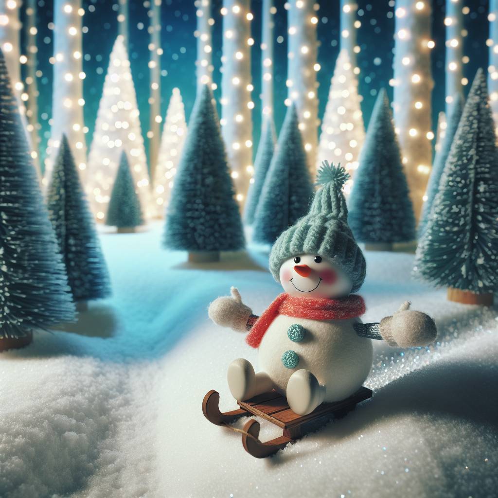 3) Christmas AI Generated Card - Snowman on a sleigh with Christmas tree s in background (4f761)