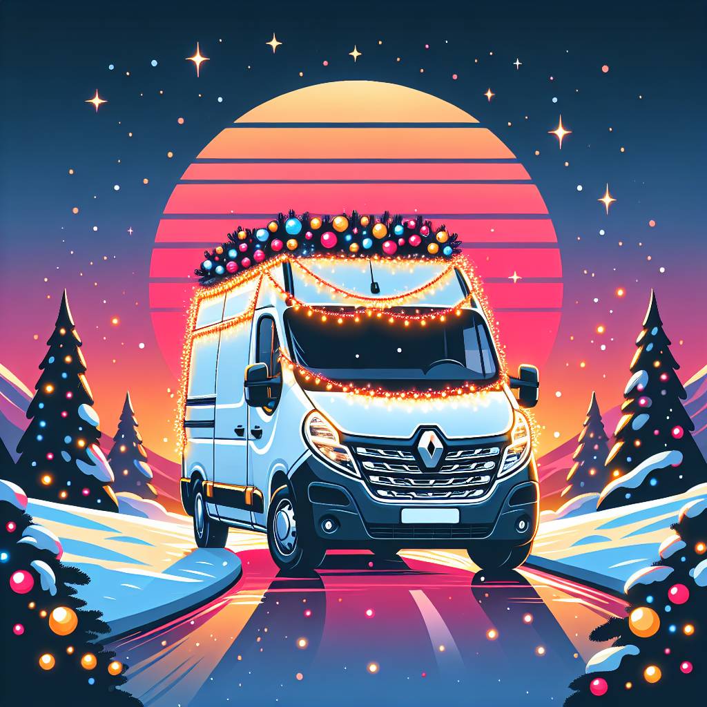 3) Christmas AI Generated Card - White renault master with christmas lights, Driving to the north pole to meet santa, and Snowy, sunset (ccd60)